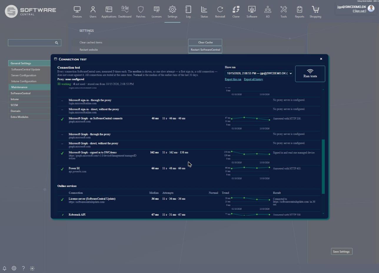 The Test connections window in Settings