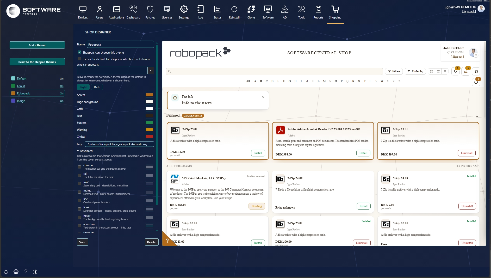 The Shop Designer: the theme editor with its colour pickers on the left, and the live shop rendered beside it on the right