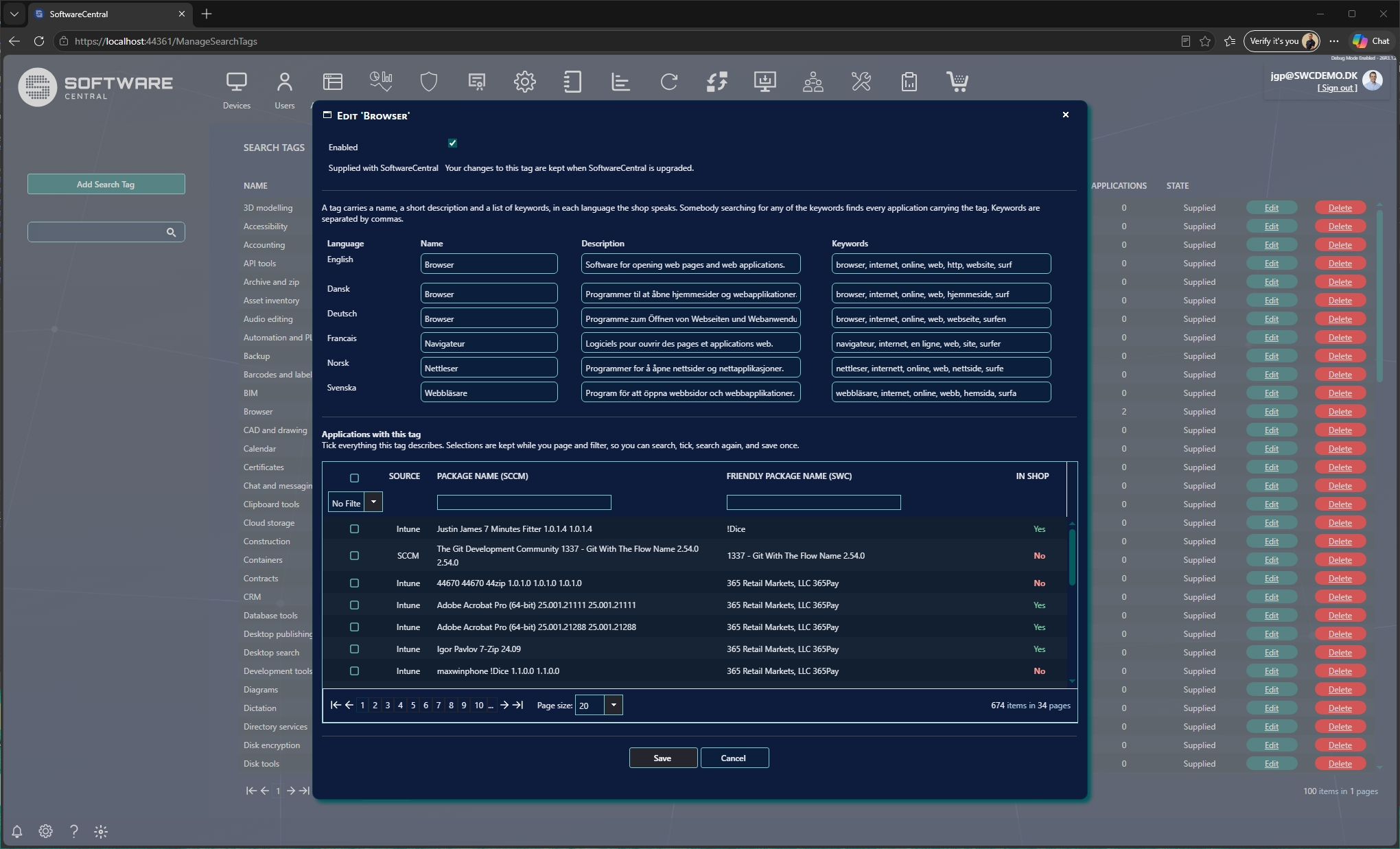 The search tag editor, showing a tag's name, description and keywords with a language selector, and the list for ticking which applications carry the tag