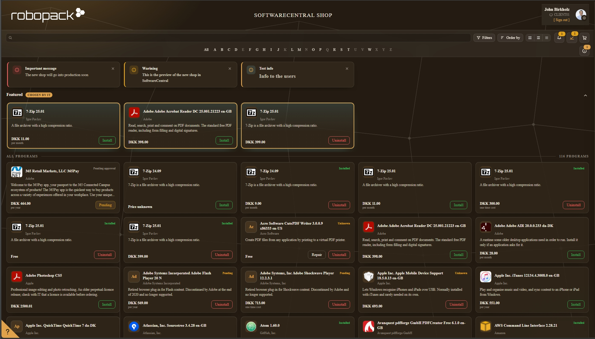The same shop catalogue on the Amber theme