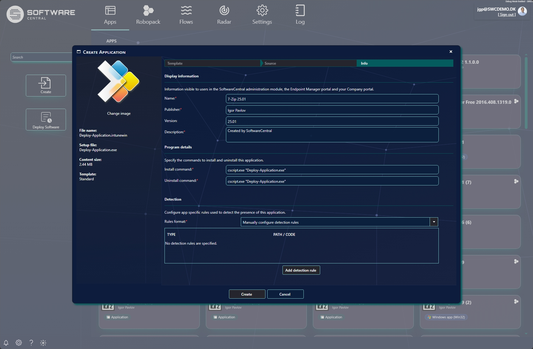 Intune Create Application wizard on the Info step