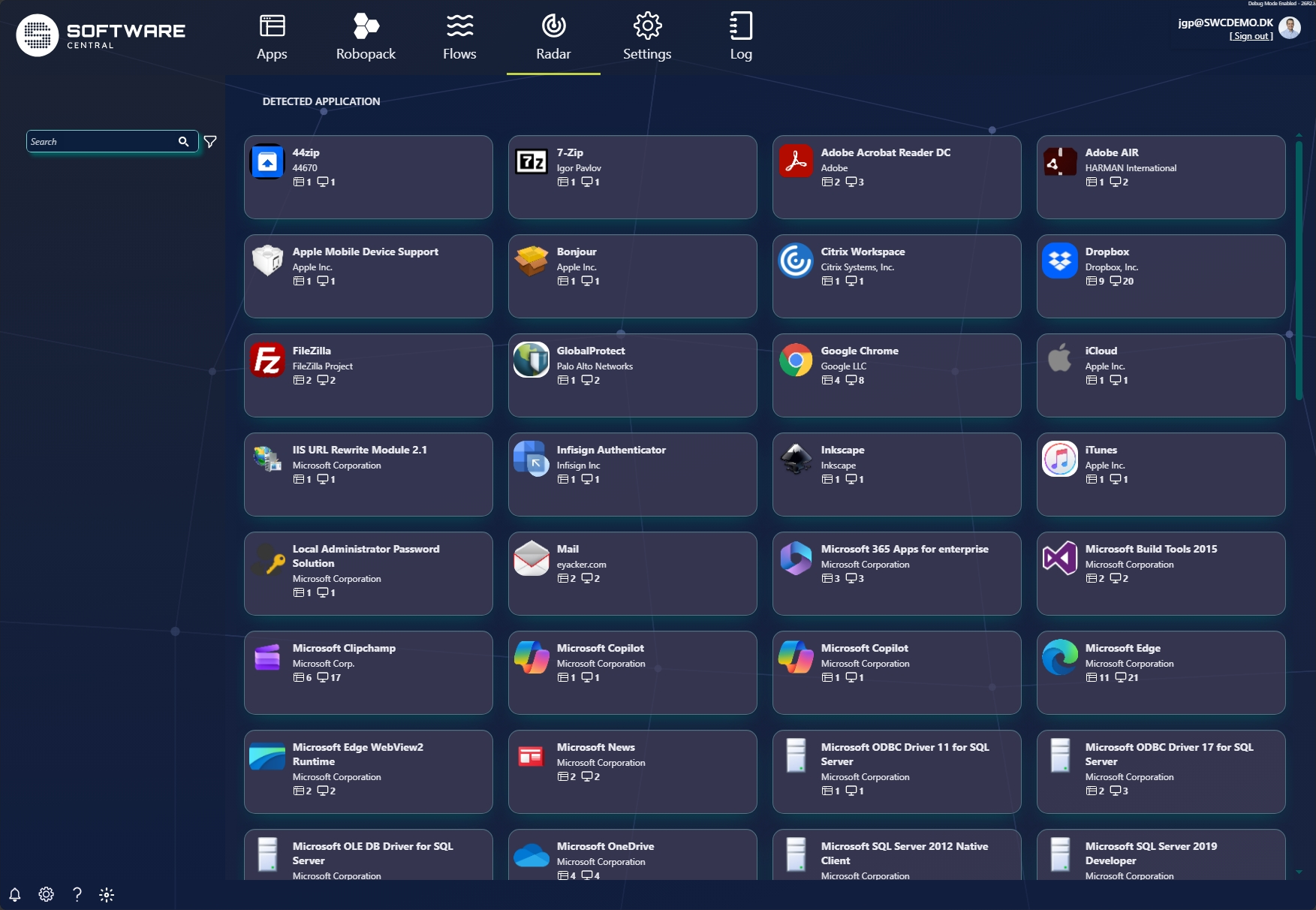 Radar detected application gallery with search, filter and per-app counts