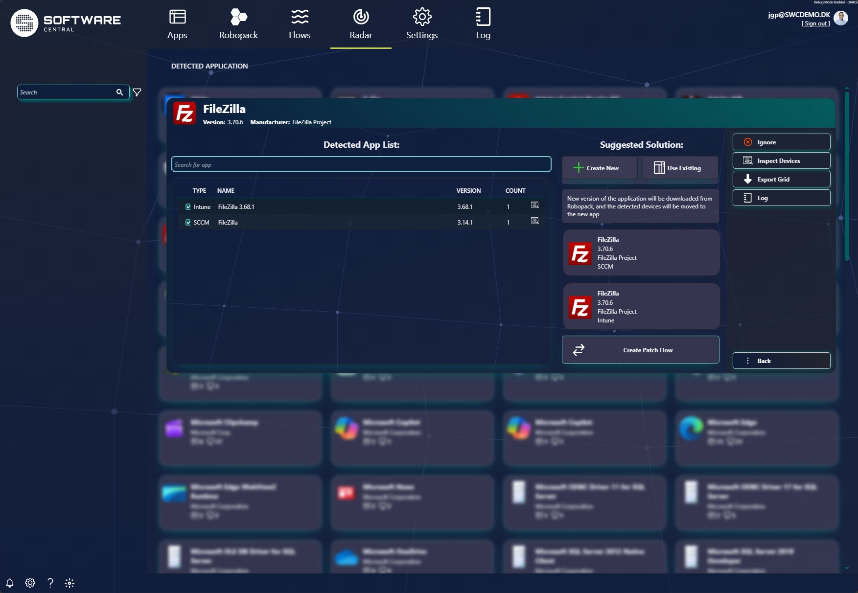 Radar detail view with detected app list and suggested solution