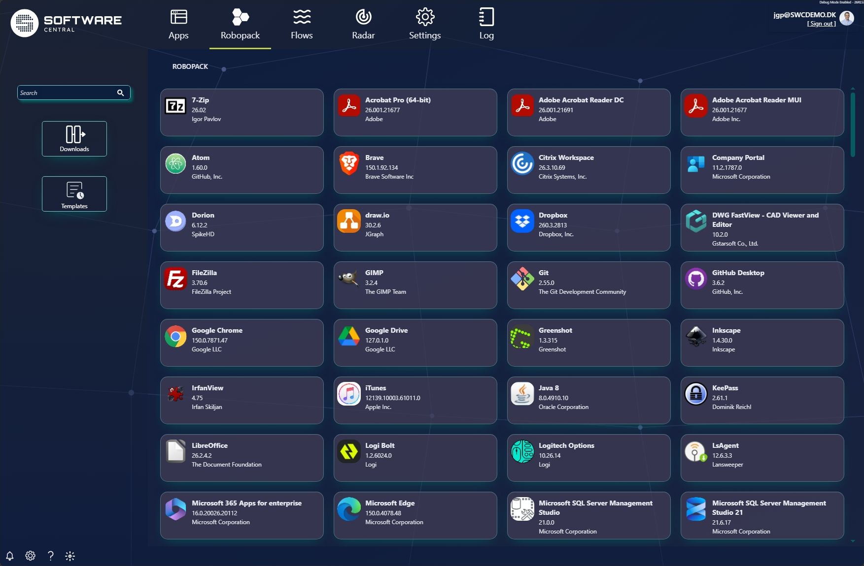 Robopack catalogue overview with Downloads and Templates buttons and a gallery of available apps