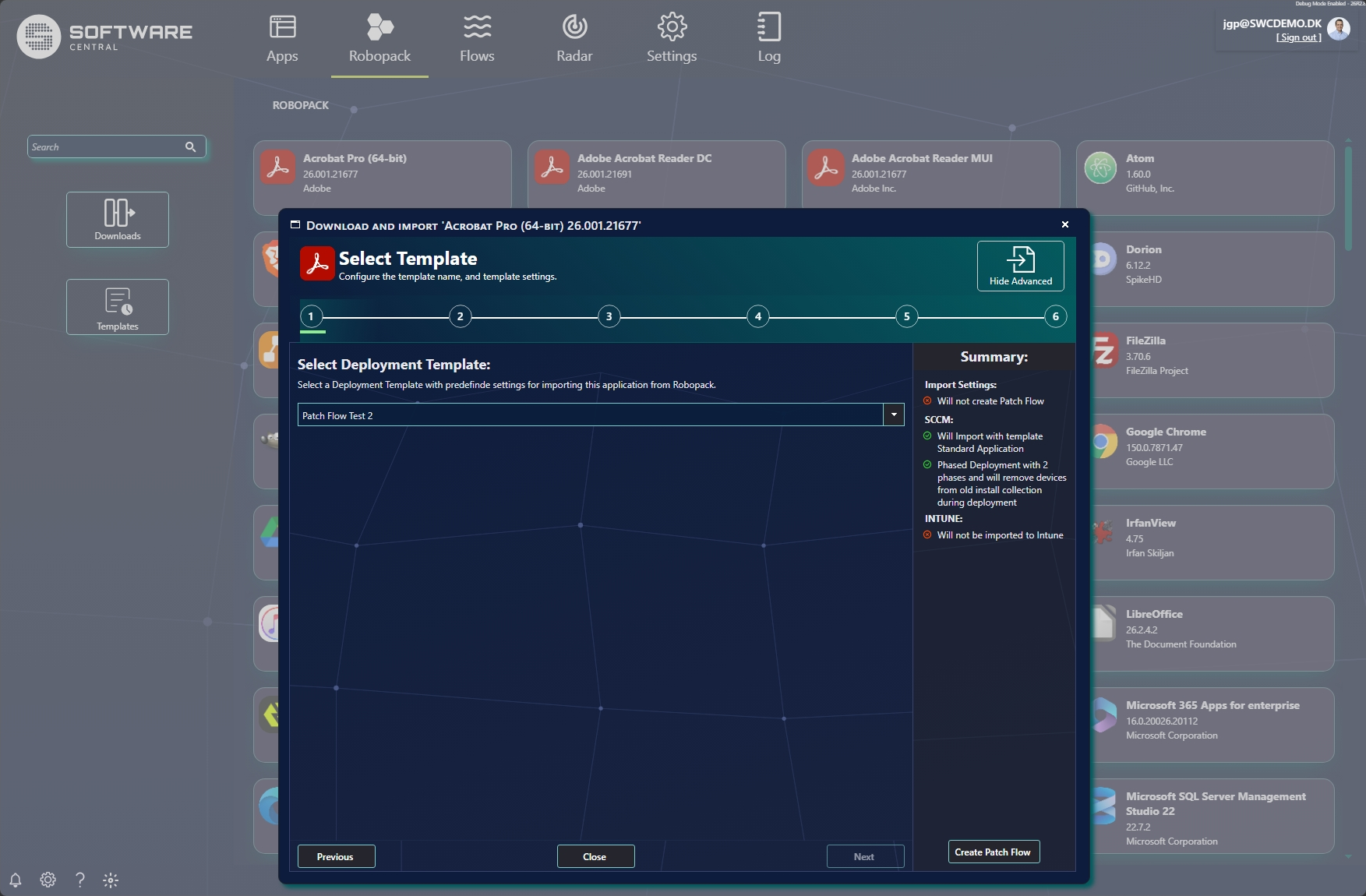 Download and import advanced wizard - Select Template step with summary