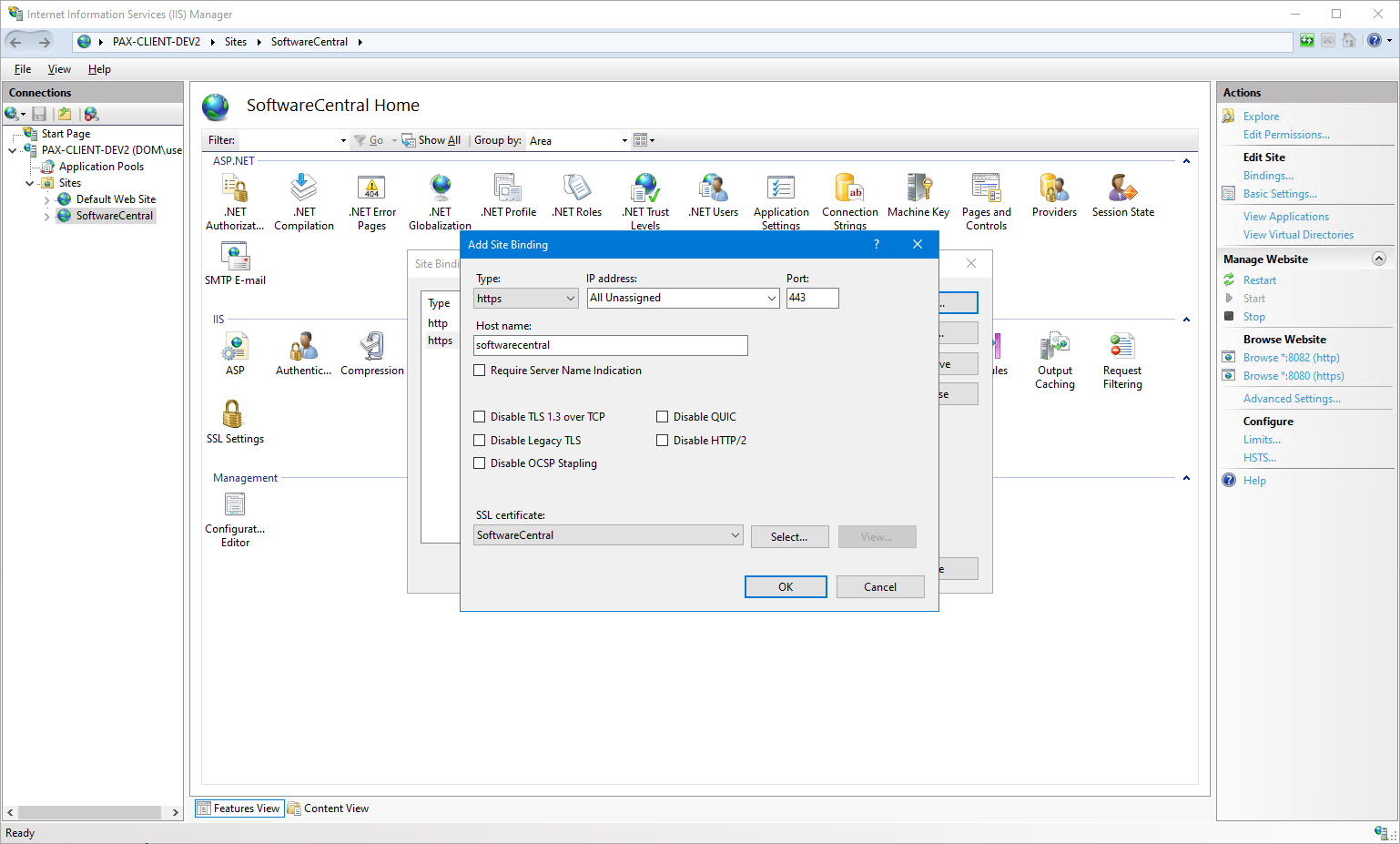 IIS Add Site Binding dialog with https and certificate