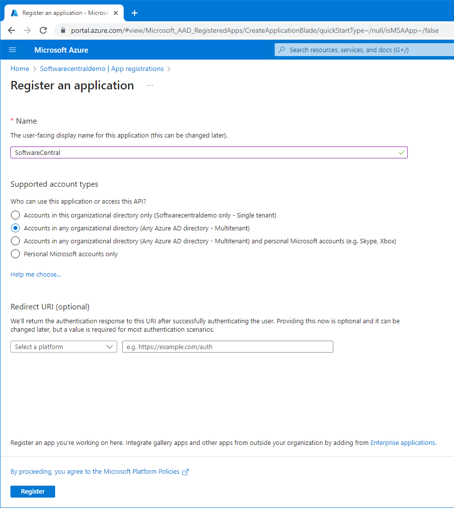 Entra ID New registration blade with a name entered and account types selected