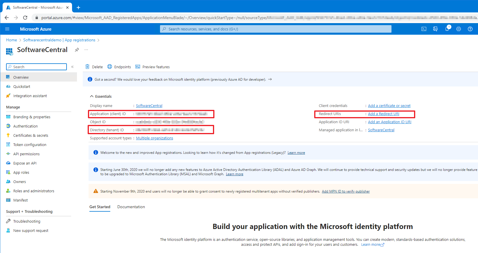 App registration overview page with Client ID and Tenant ID
