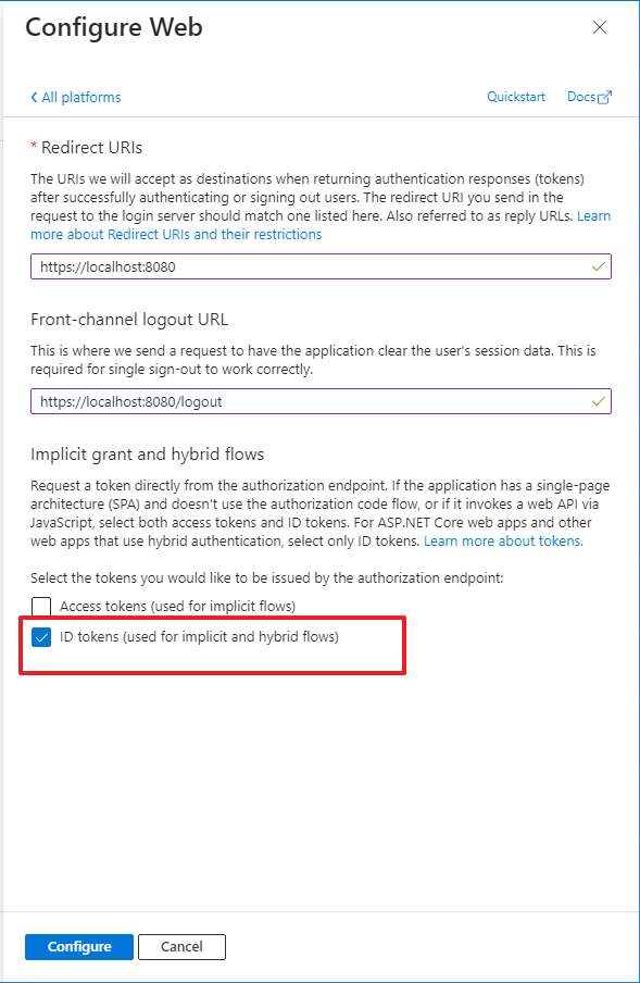 Web platform configuration with redirect URI, logout URL and ID tokens ticked