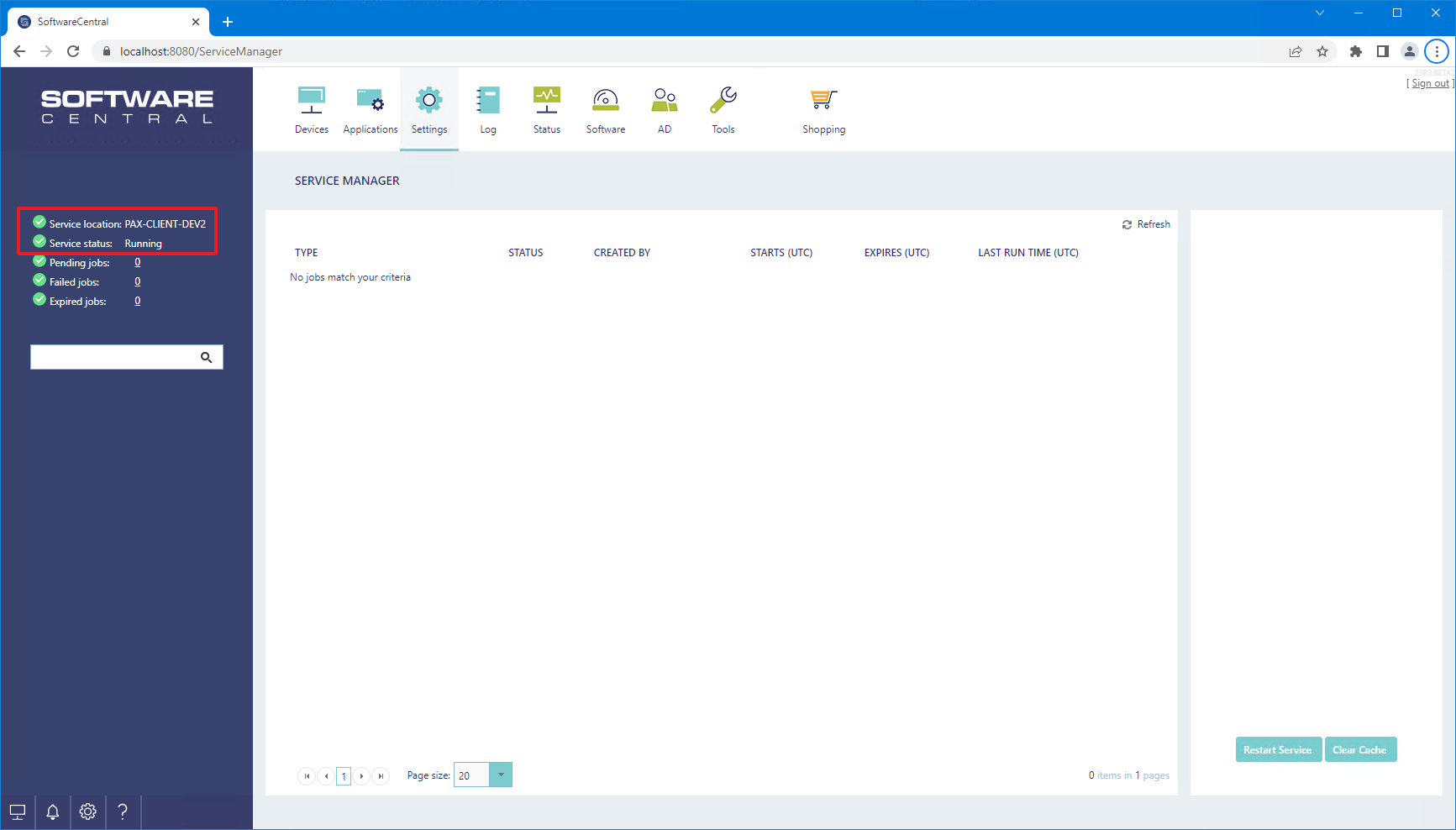 Service Manager showing the running SoftwareCentral service