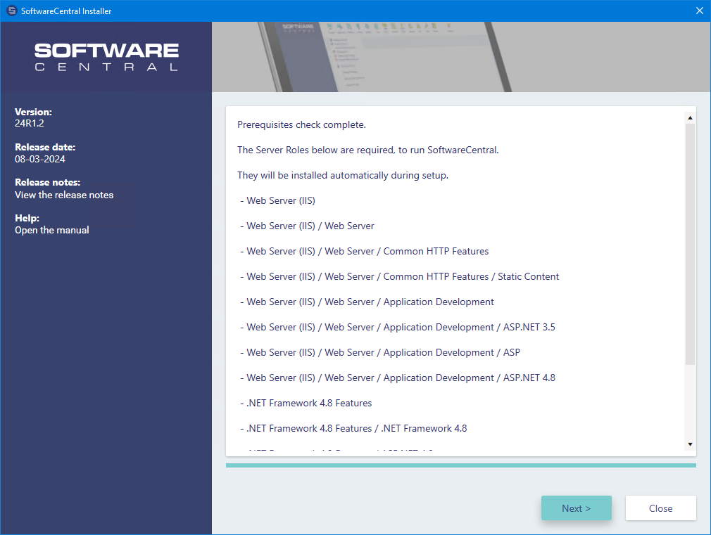 Installer welcome and requirements-check screen