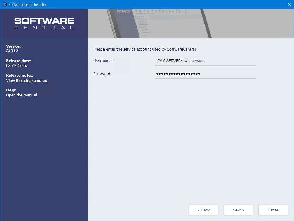 Service-account credentials screen