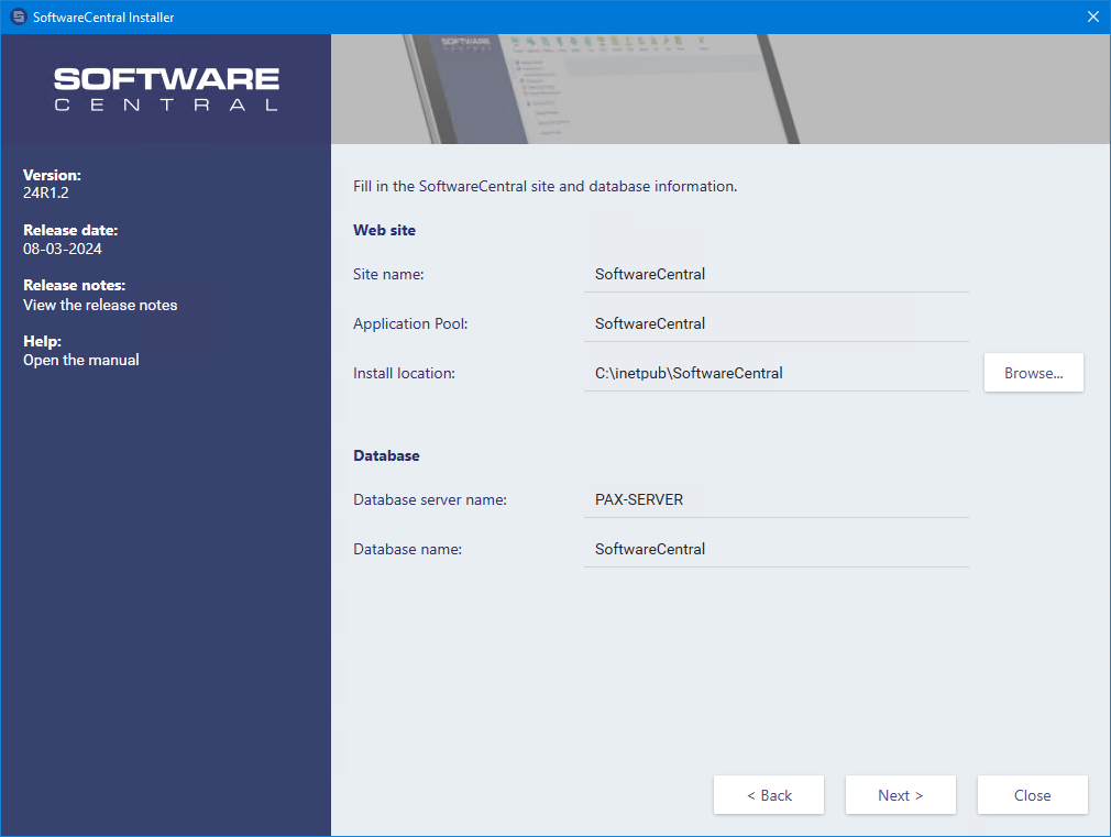 Site information and database server screen