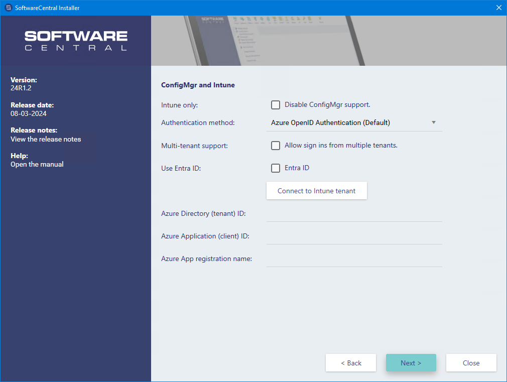 Edition, authentication and Intune connection screen