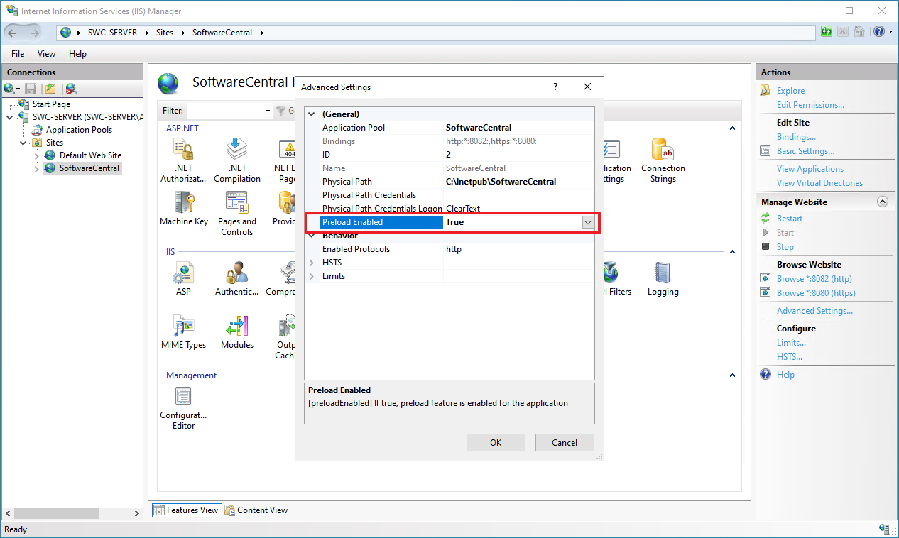 Site advanced settings with Preload Enabled set to True