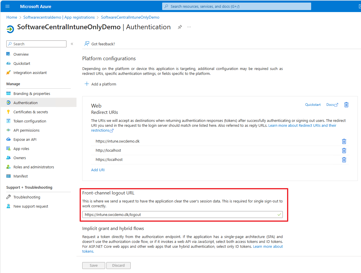 App registration front-channel logout URL